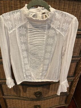 Free People White Lace Pintuck High-Neck Blouse